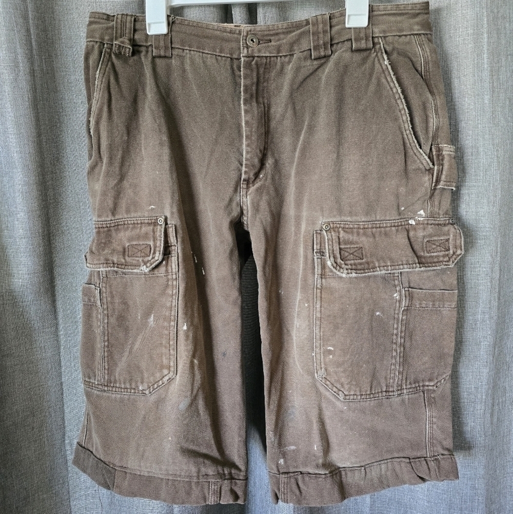 Duluth Trading Heavy Canvas Carperter Cargo Shorts Brown Distressed Size 38X32